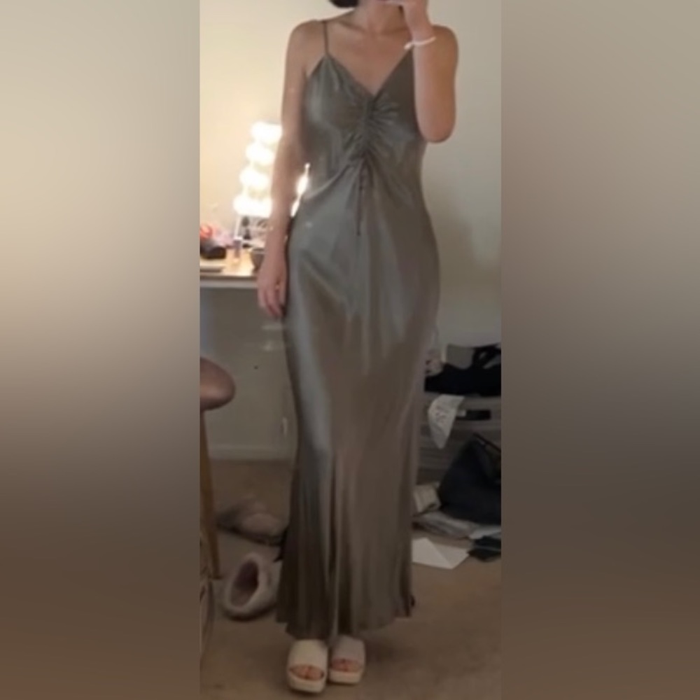 Zara Olive Green Silky Dress with Scrunch Detail